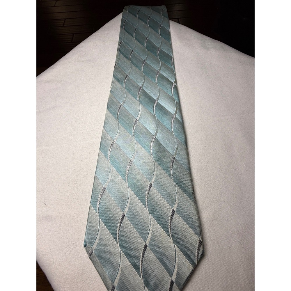 ARROW USA 1851 Men's Teal Blue Geometric‎ Wave Pattern Silk Blend Necktie - Picture 4 of 8